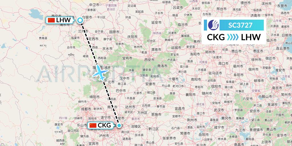 SC3727 Shandong Airlines Flight Map: Chongqing to Lanzhou