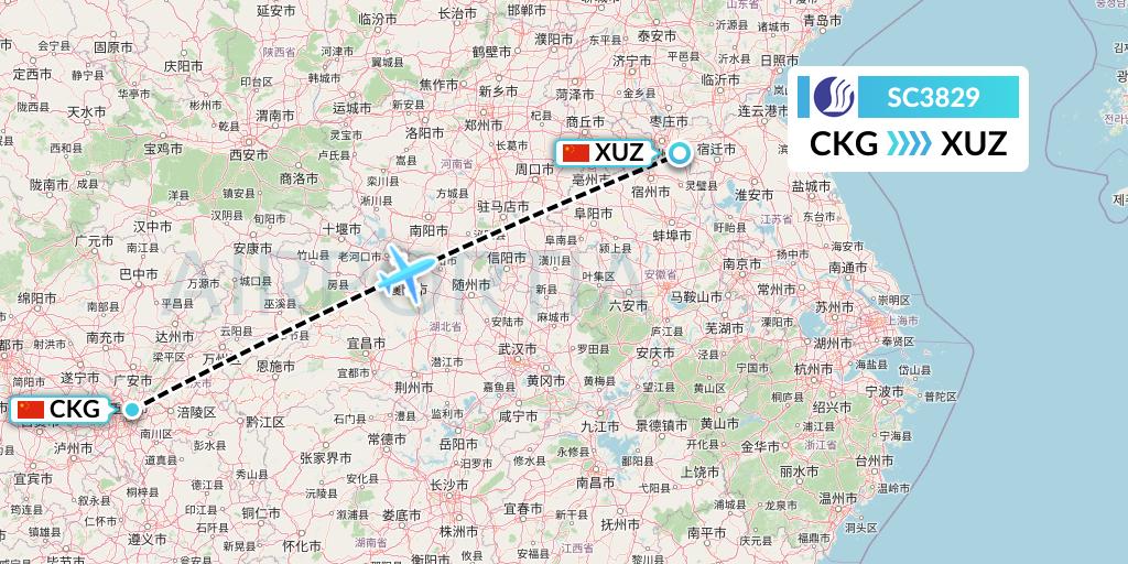 SC3829 Shandong Airlines Flight Map: Chongqing to Xuzhou