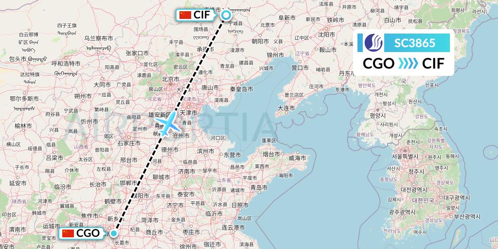 SC3865 Shandong Airlines Flight Map: Zhengzhou to Chifeng