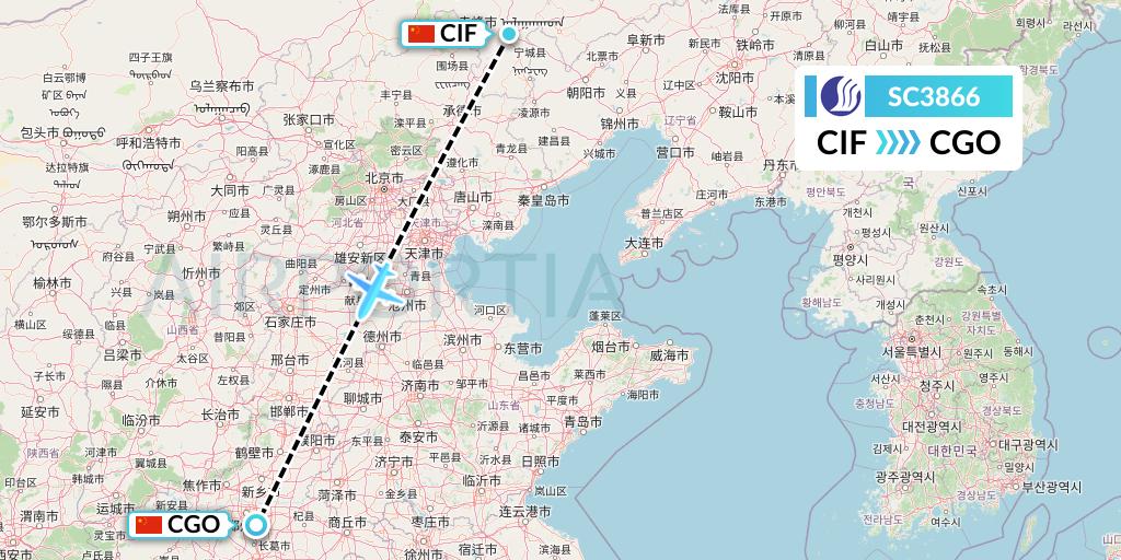 SC3866 Shandong Airlines Flight Map: Chifeng to Zhengzhou