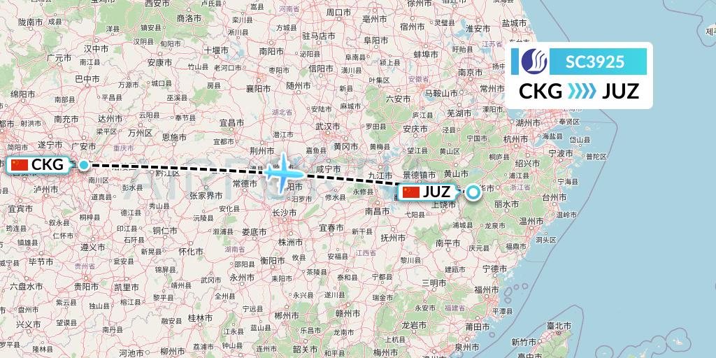 SC3925 Shandong Airlines Flight Map: Chongqing to Quzhou