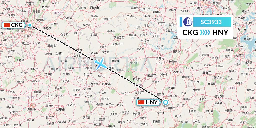 SC3933 Shandong Airlines Flight Map: Chongqing to Hengyang