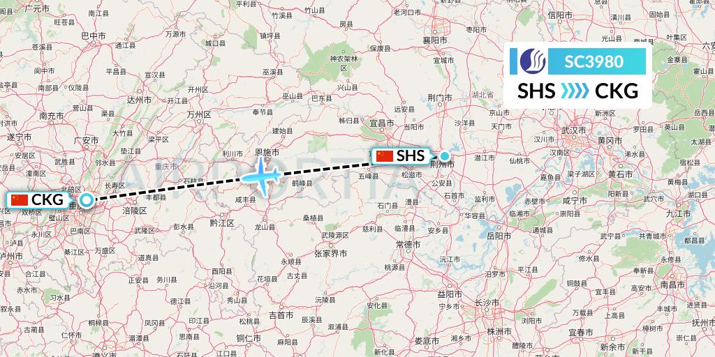 SC3980 Shandong Airlines Flight Map: Shashi to Chongqing