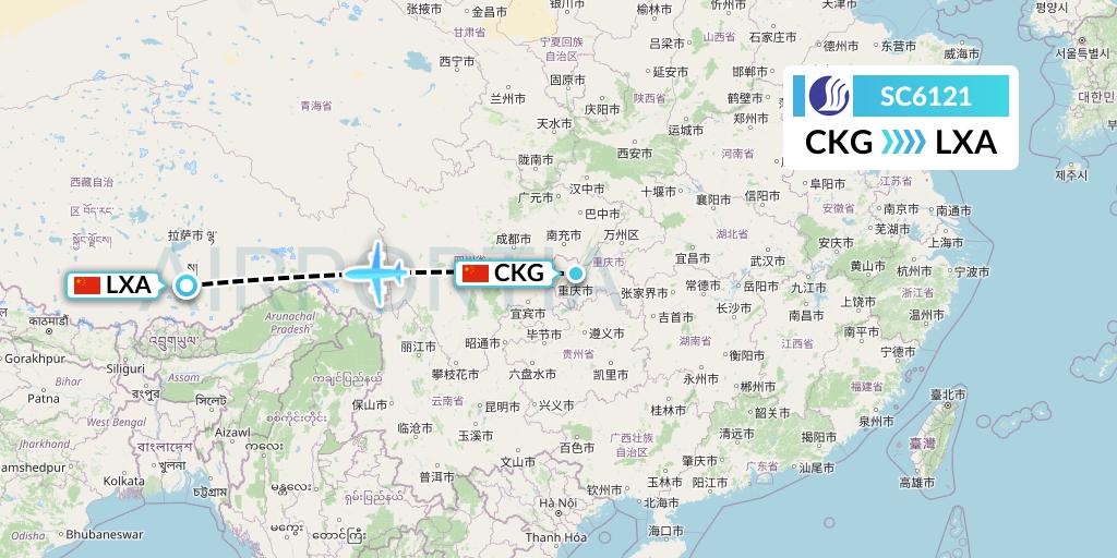 SC6121 Shandong Airlines Flight Map: Chongqing to Lhasa