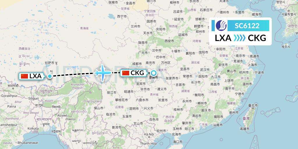 SC6122 Shandong Airlines Flight Map: Lhasa to Chongqing