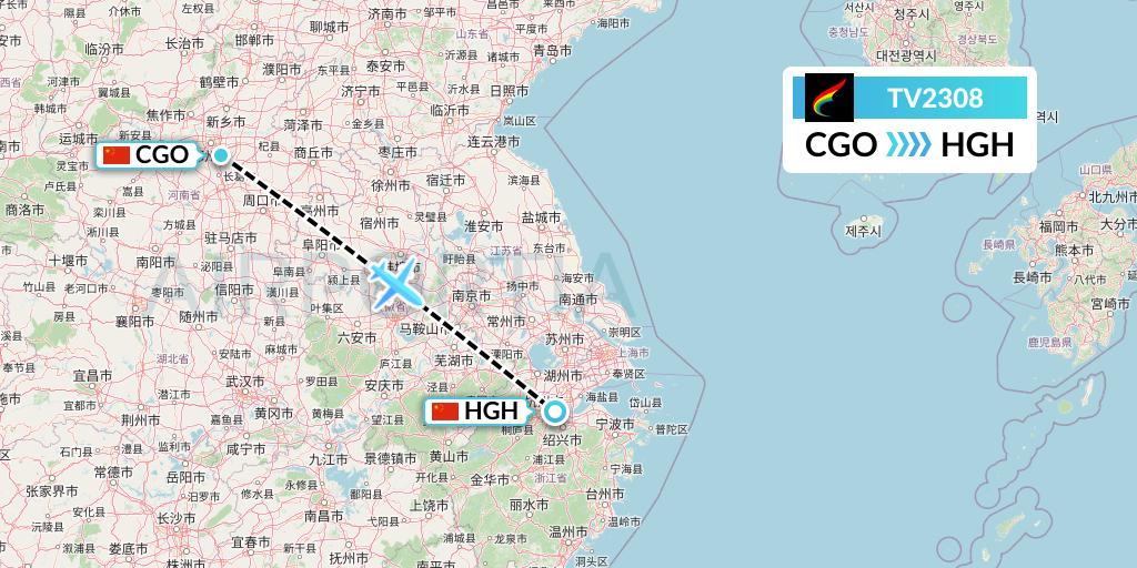 TV2308 Tibet Airlines Flight Map: Zhengzhou to Hangzhou