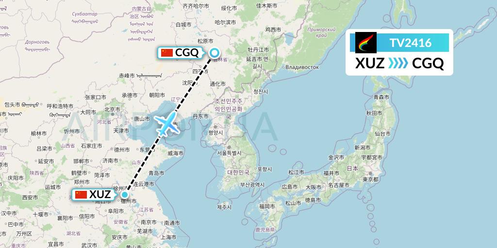 TV2416 Tibet Airlines Flight Map: Xuzhou to Changchun