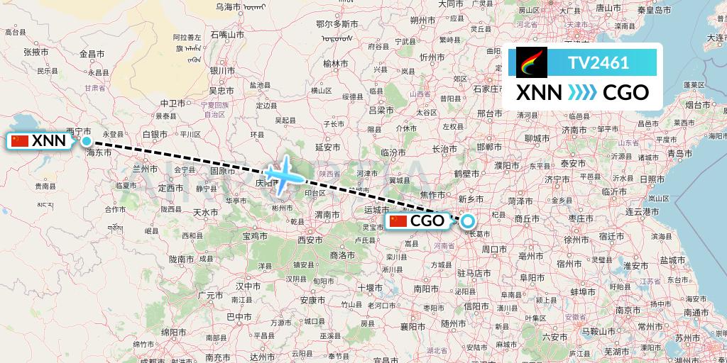 TV2461 Tibet Airlines Flight Map: Xining to Zhengzhou