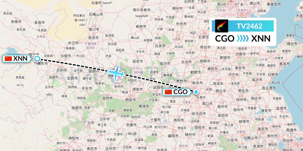 TV2462 Tibet Airlines Flight Map: Zhengzhou to Xining