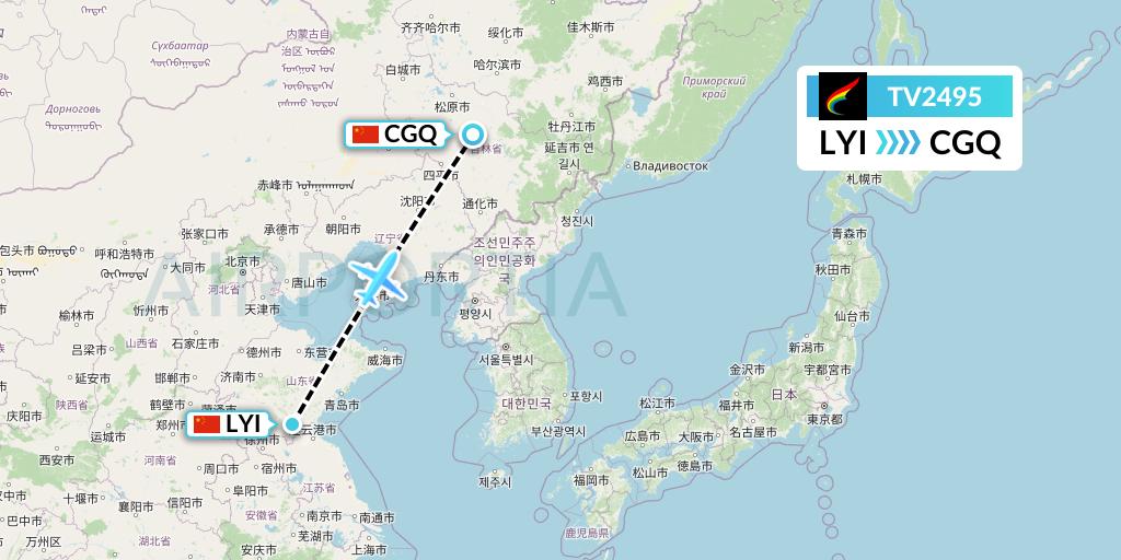 TV2495 Tibet Airlines Flight Map: Linyi to Changchun