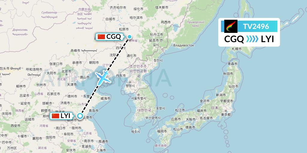 TV2496 Tibet Airlines Flight Map: Changchun to Linyi