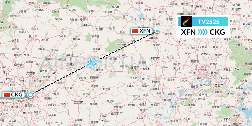 TV2525 Tibet Airlines Flight Map: Xiangyang to Chongqing