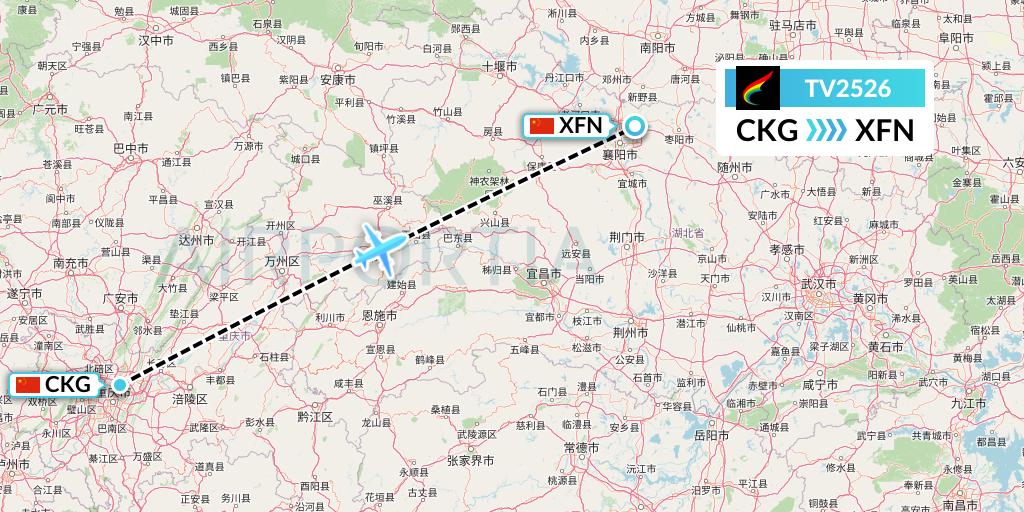 TV2526 Tibet Airlines Flight Map: Chongqing to Xiangyang