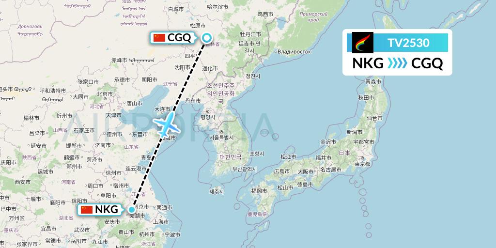TV2530 Tibet Airlines Flight Map: Nanjing to Changchun