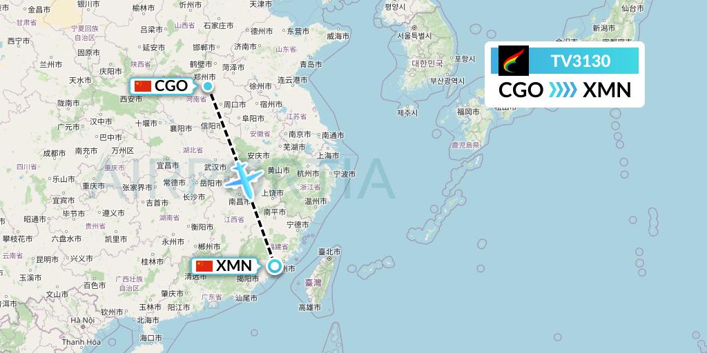 TV3130 Tibet Airlines Flight Map: Zhengzhou to Xiamen