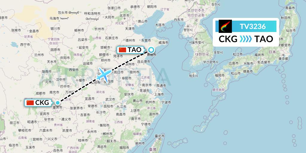 TV3236 Tibet Airlines Flight Map: Chongqing to Qingdao