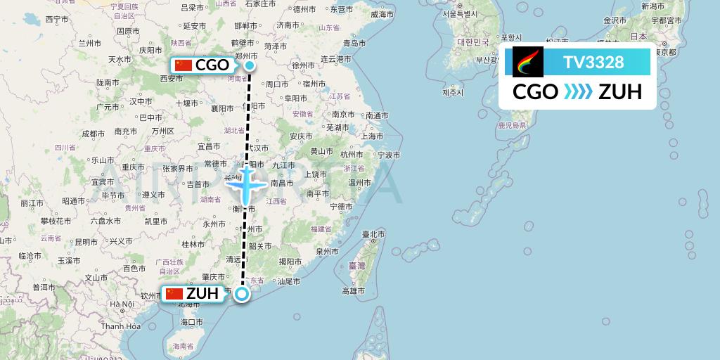 TV3328 Tibet Airlines Flight Map: Zhengzhou to Zhuhai