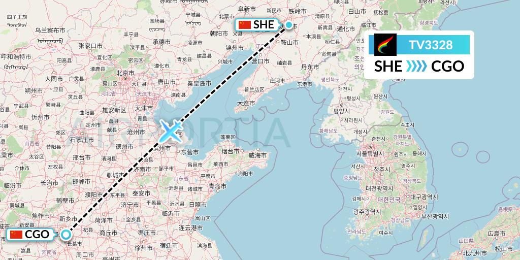TV3328 Tibet Airlines Flight Map: Shenyang to Zhengzhou