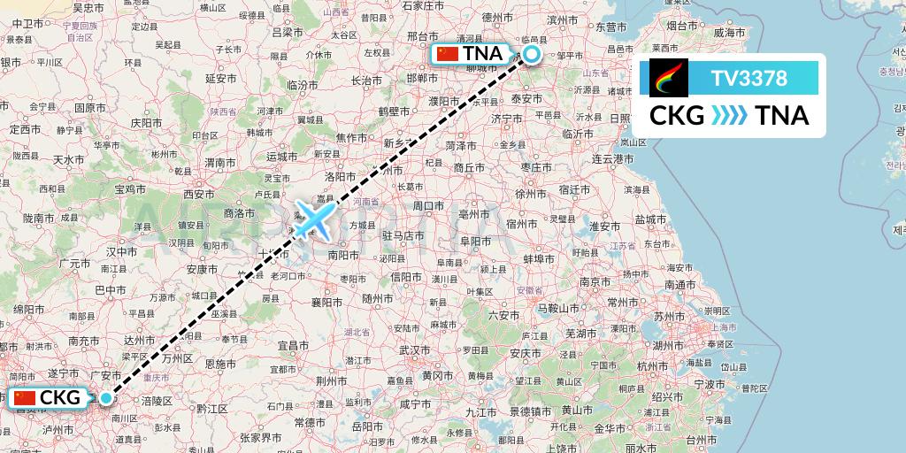 TV3378 Tibet Airlines Flight Map: Chongqing to Jinan