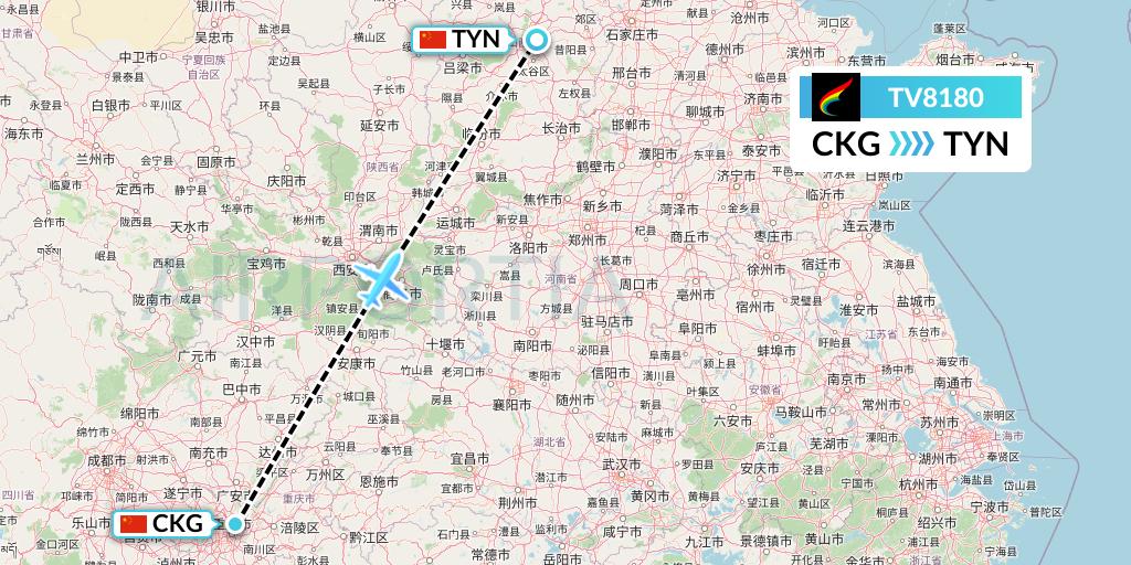 TV8180 Tibet Airlines Flight Map: Chongqing to Taiyuan