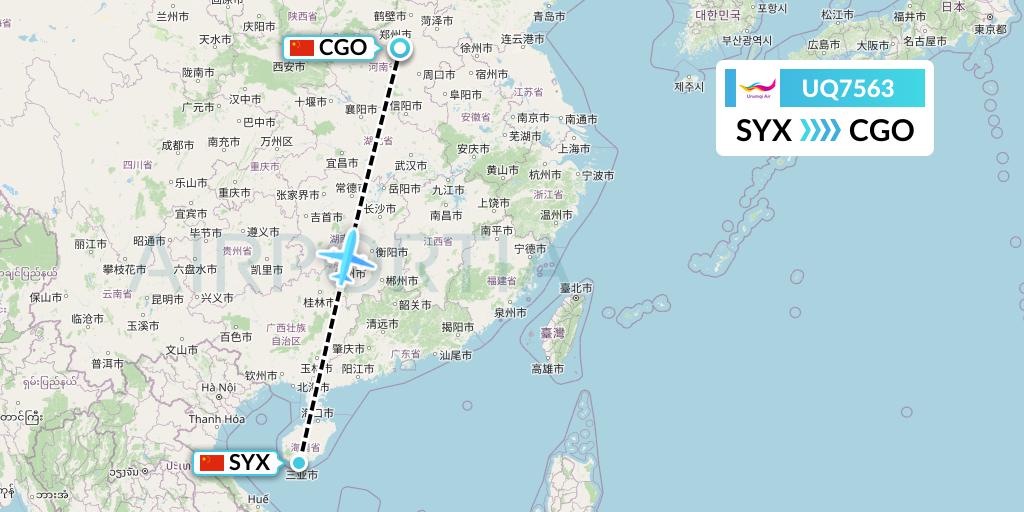 UQ7563 Urumqi Airlines Flight Map: Sanya to Zhengzhou
