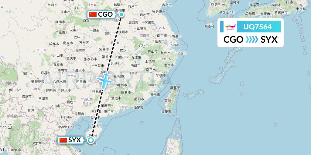 UQ7564 Urumqi Airlines Flight Map: Zhengzhou to Sanya