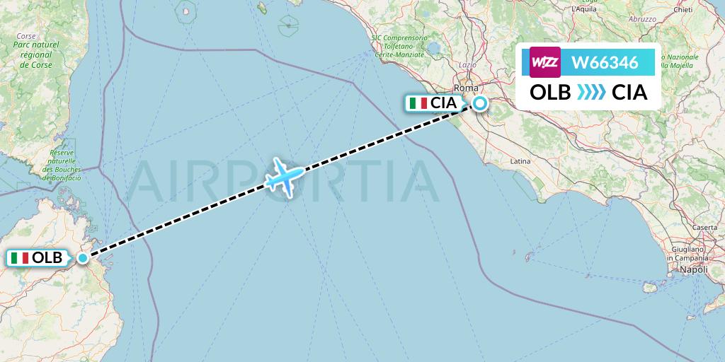 W66346 Wizz Air Flight Map: Olbia to Rome