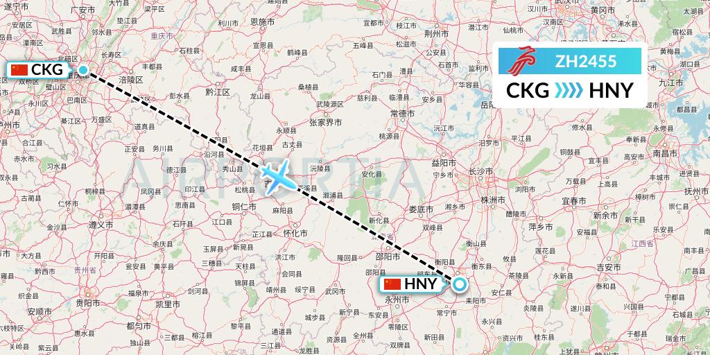 ZH2455 Shenzhen Airlines Flight Map: Chongqing to Hengyang