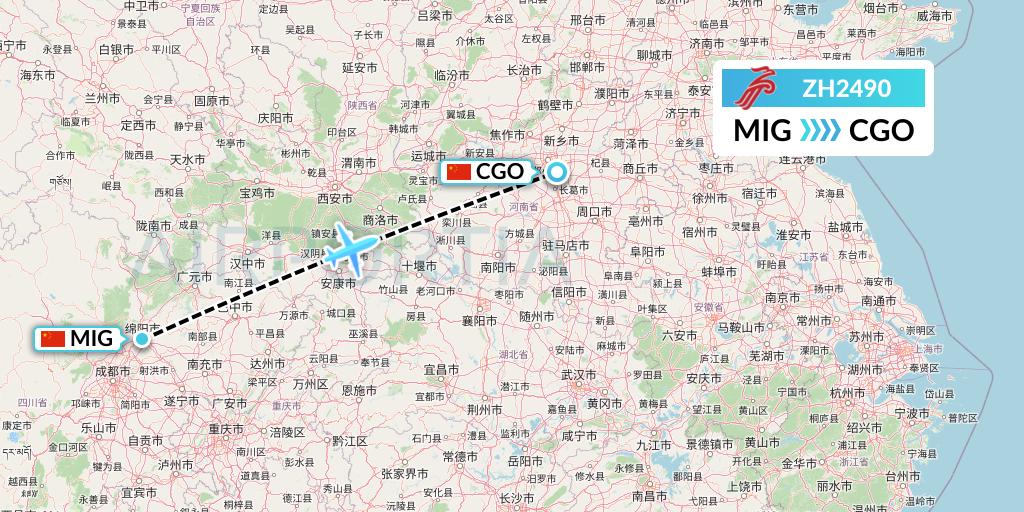 ZH2490 Shenzhen Airlines Flight Map: Mianyang to Zhengzhou