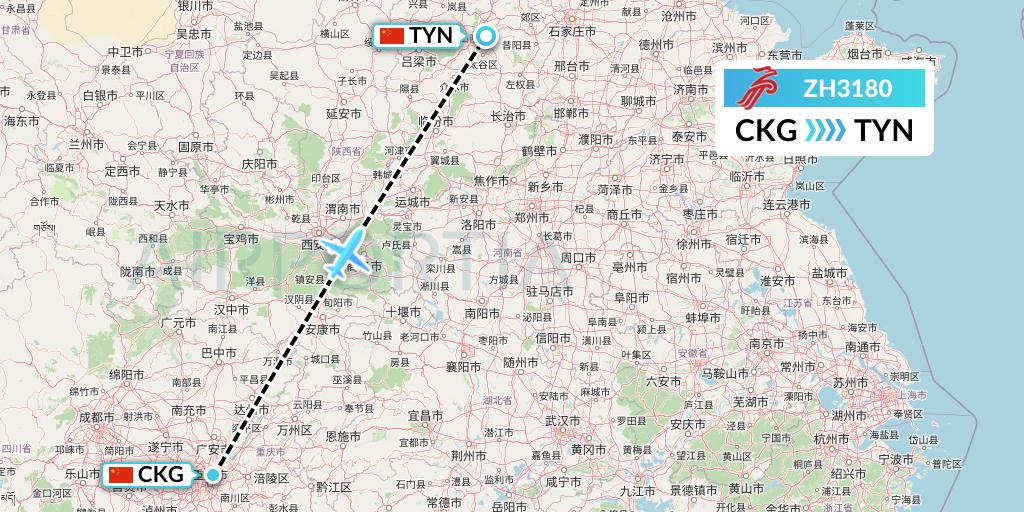 ZH3180 Shenzhen Airlines Flight Map: Chongqing to Taiyuan
