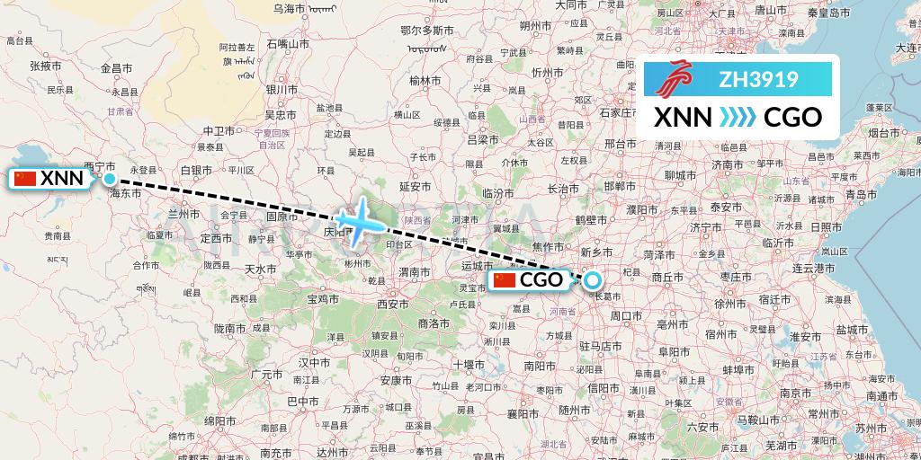 ZH3919 Shenzhen Airlines Flight Map: Xining to Zhengzhou