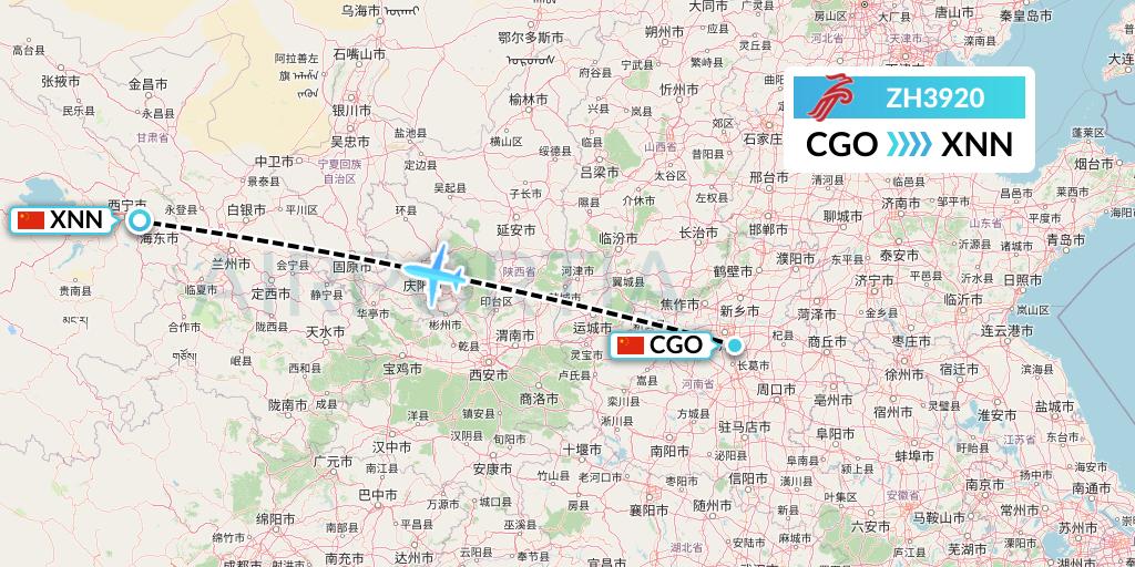 ZH3920 Shenzhen Airlines Flight Map: Zhengzhou to Xining