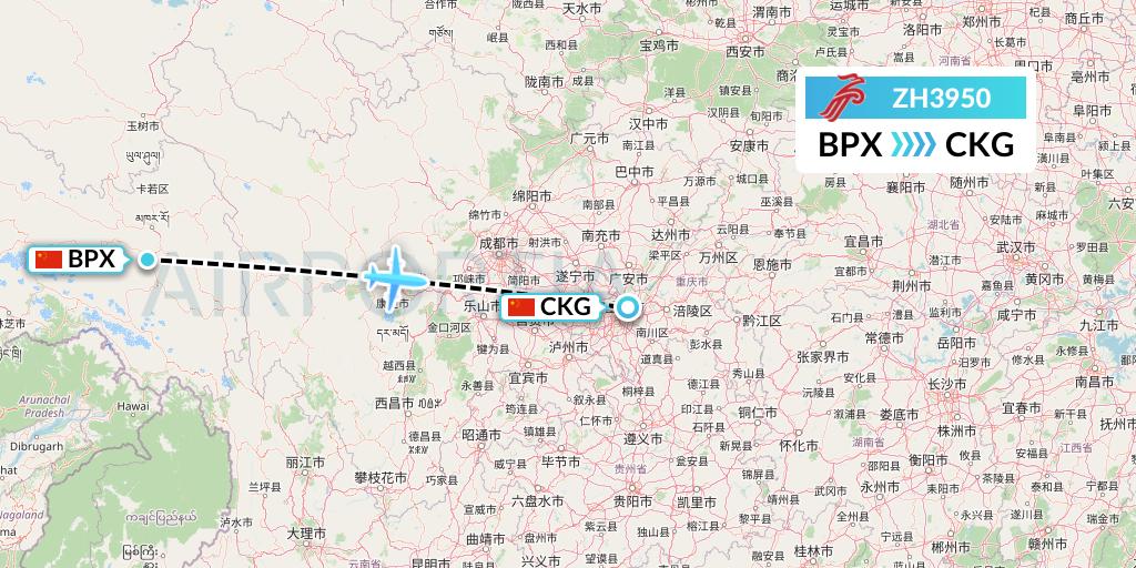 ZH3950 Shenzhen Airlines Flight Map: Bangda to Chongqing