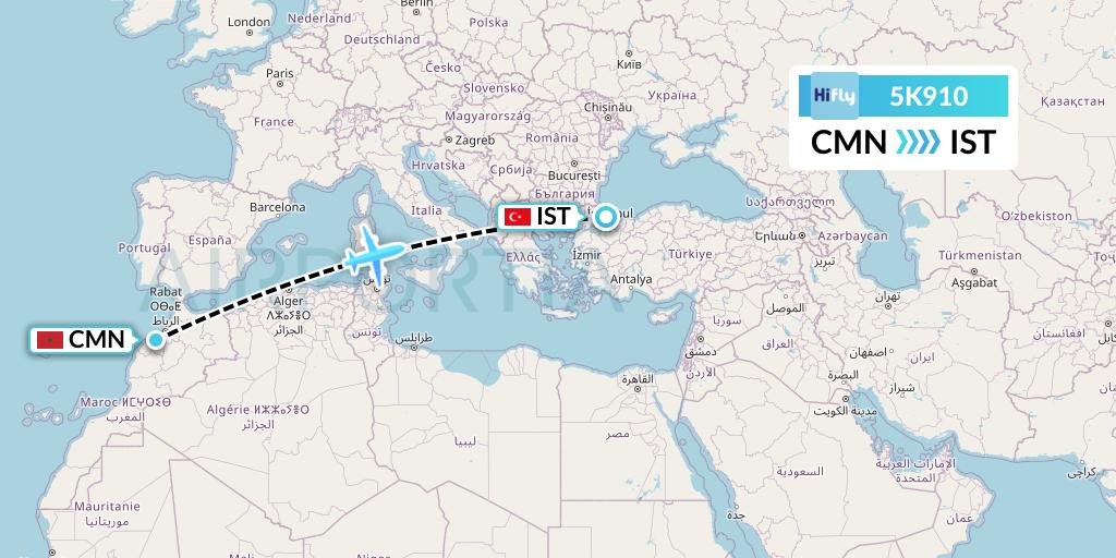 5K910 Hi Fly Flight Map: Casablanca to Istanbul