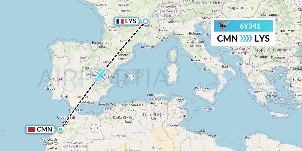 6Y341 SmartLynx Flight Map: Casablanca to Lyon