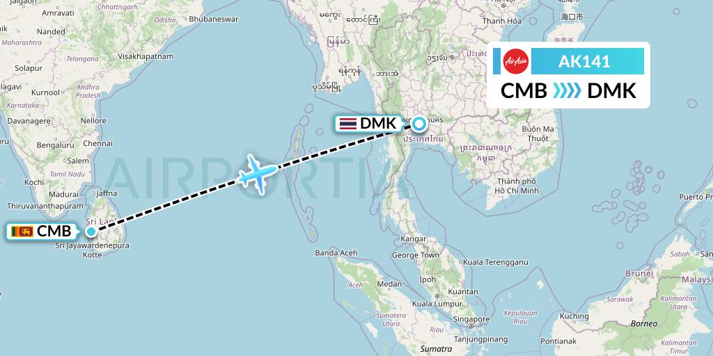 AK141 AirAsia Flight Map: Colombo to Bangkok