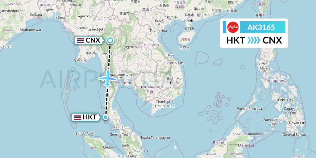 AK3165 AirAsia Flight Map: Phuket to Chiang Mai