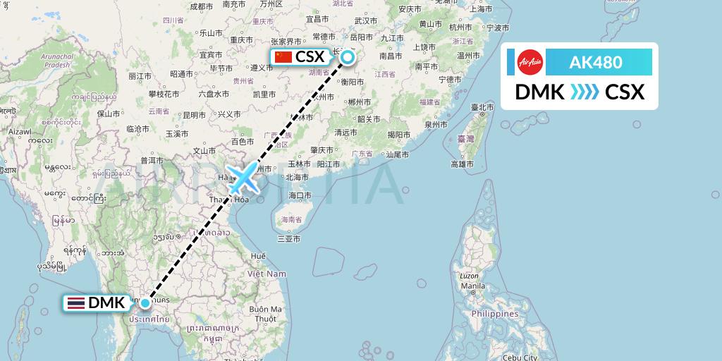 AK480 AirAsia Flight Map: Bangkok to Changsha