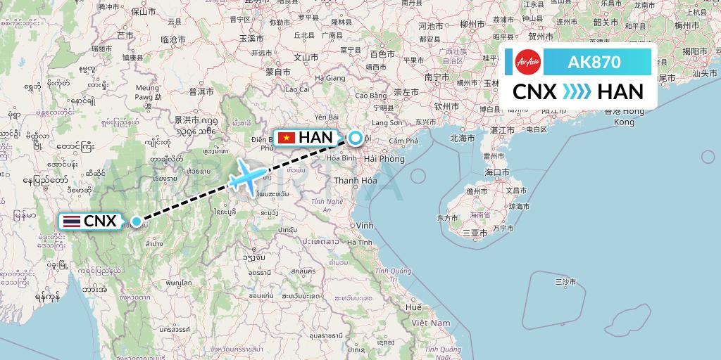 AK870 AirAsia Flight Map: Chiang Mai to Hanoi