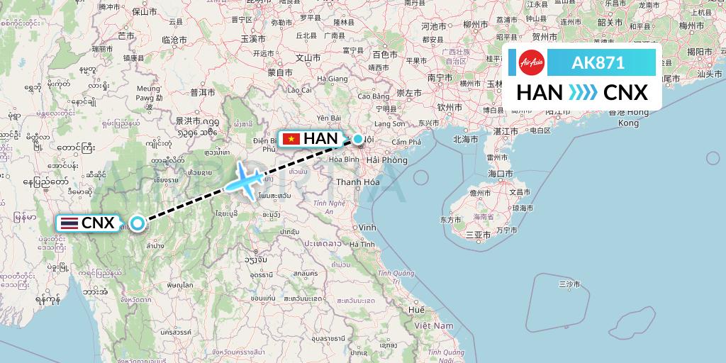 AK871 AirAsia Flight Map: Hanoi to Chiang Mai