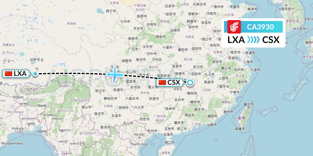 CA3930 Air China Flight Map: Lhasa to Changsha