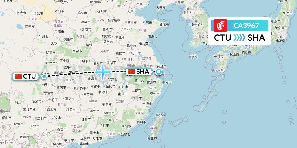 CA3967 Air China Flight Map: Chengdu to Shanghai