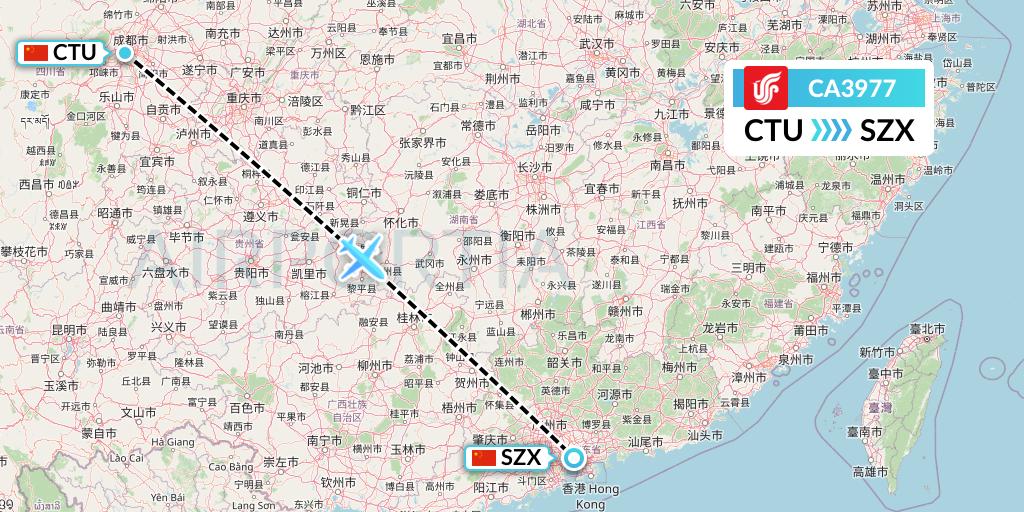 CA3977 Air China Flight Map: Chengdu to Shenzhen