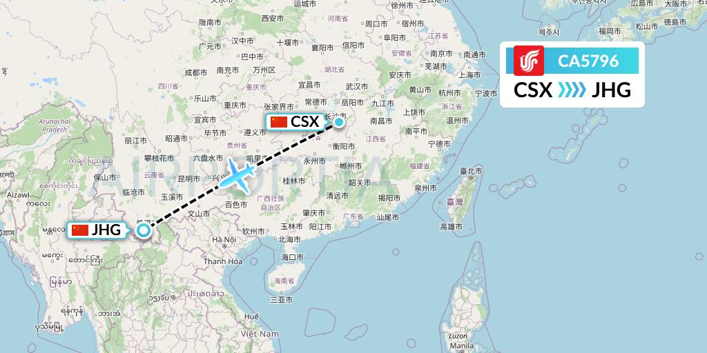 CA5796 Air China Flight Map: Changsha to Jinghong