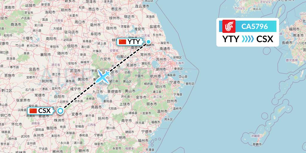 CA5796 Air China Flight Map: Yangzhou to Changsha