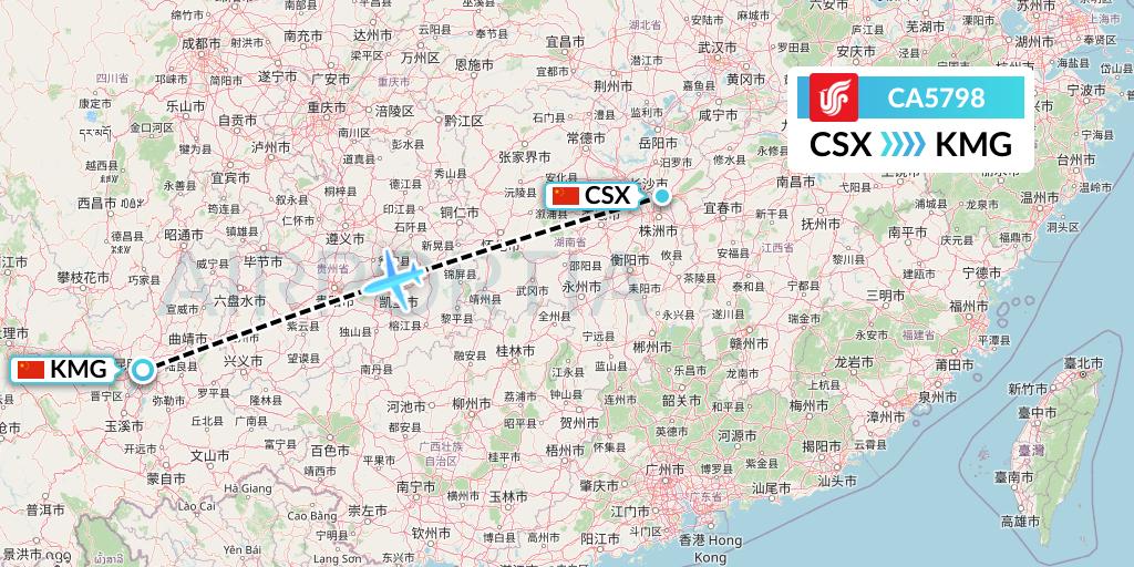 CA5798 Air China Flight Map: Changsha to Kunming
