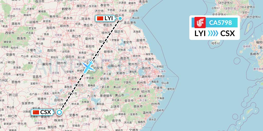 CA5798 Air China Flight Map: Linyi to Changsha