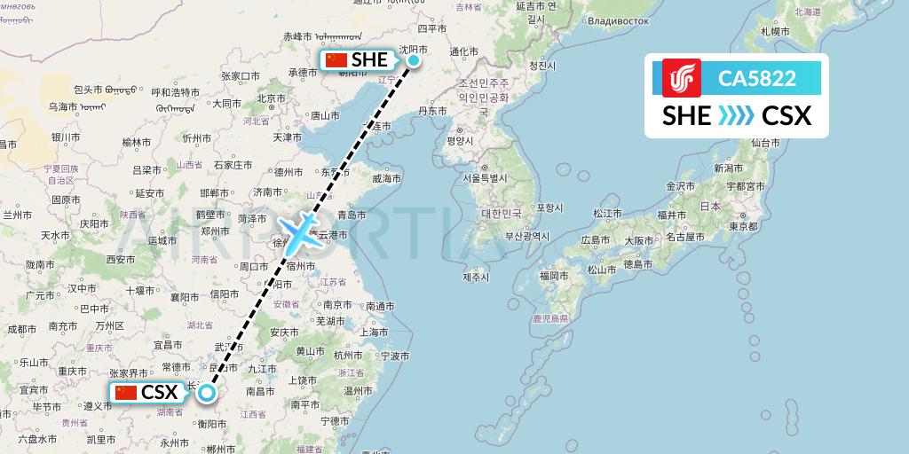 CA5822 Air China Flight Map: Shenyang to Changsha