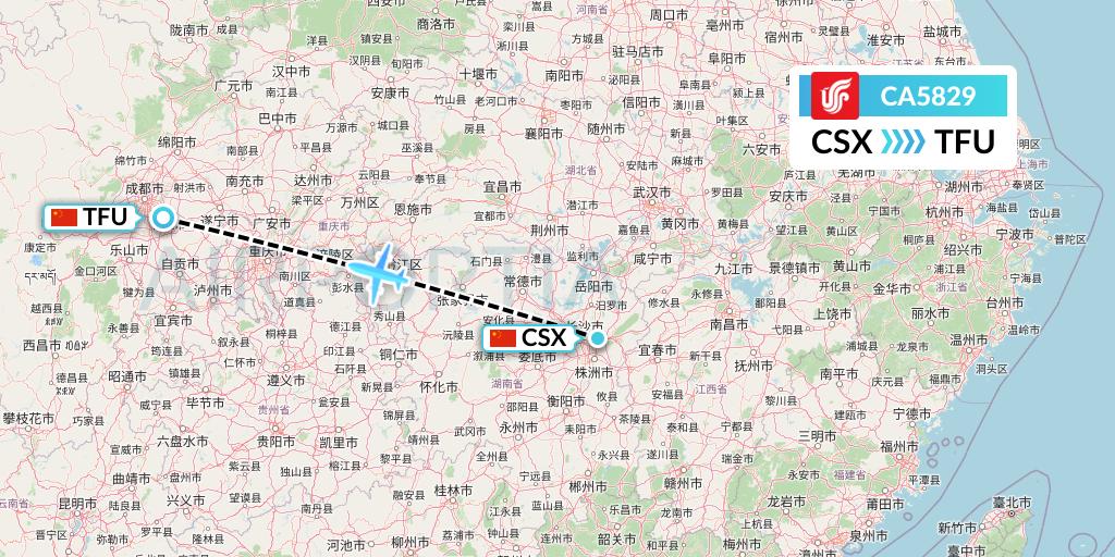 CA5829 Air China Flight Map: Changsha to Chengdu