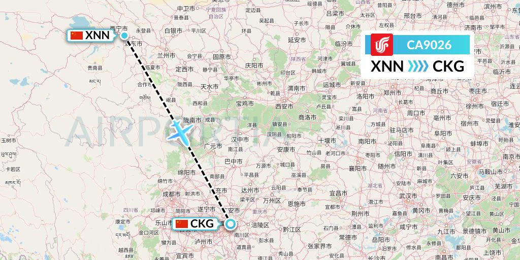CA9026 Air China Flight Map: Xining to Chongqing